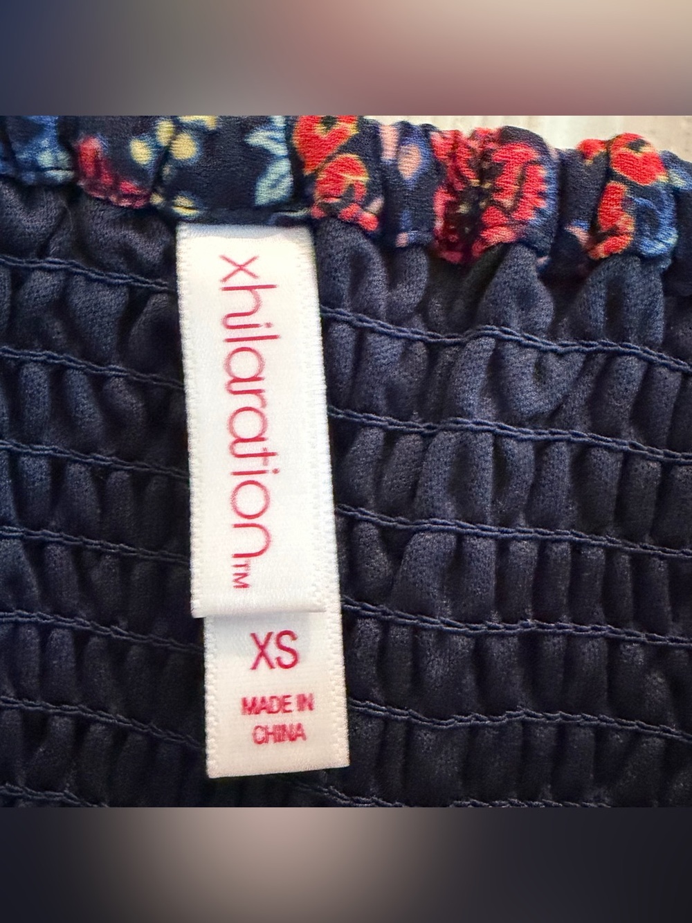 Xhilaration Navy Floral Boho Mini Dress Tassel Tie Smocked Pockets XS - Picture 16 of 16